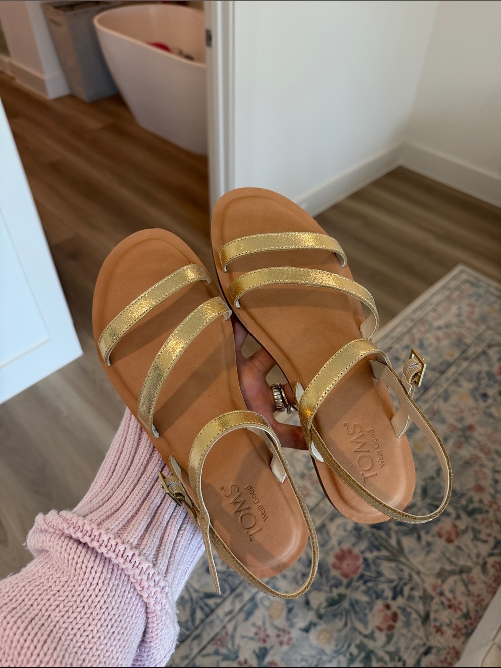 TOMS Metallic Gold Strappy Leather Sandals
